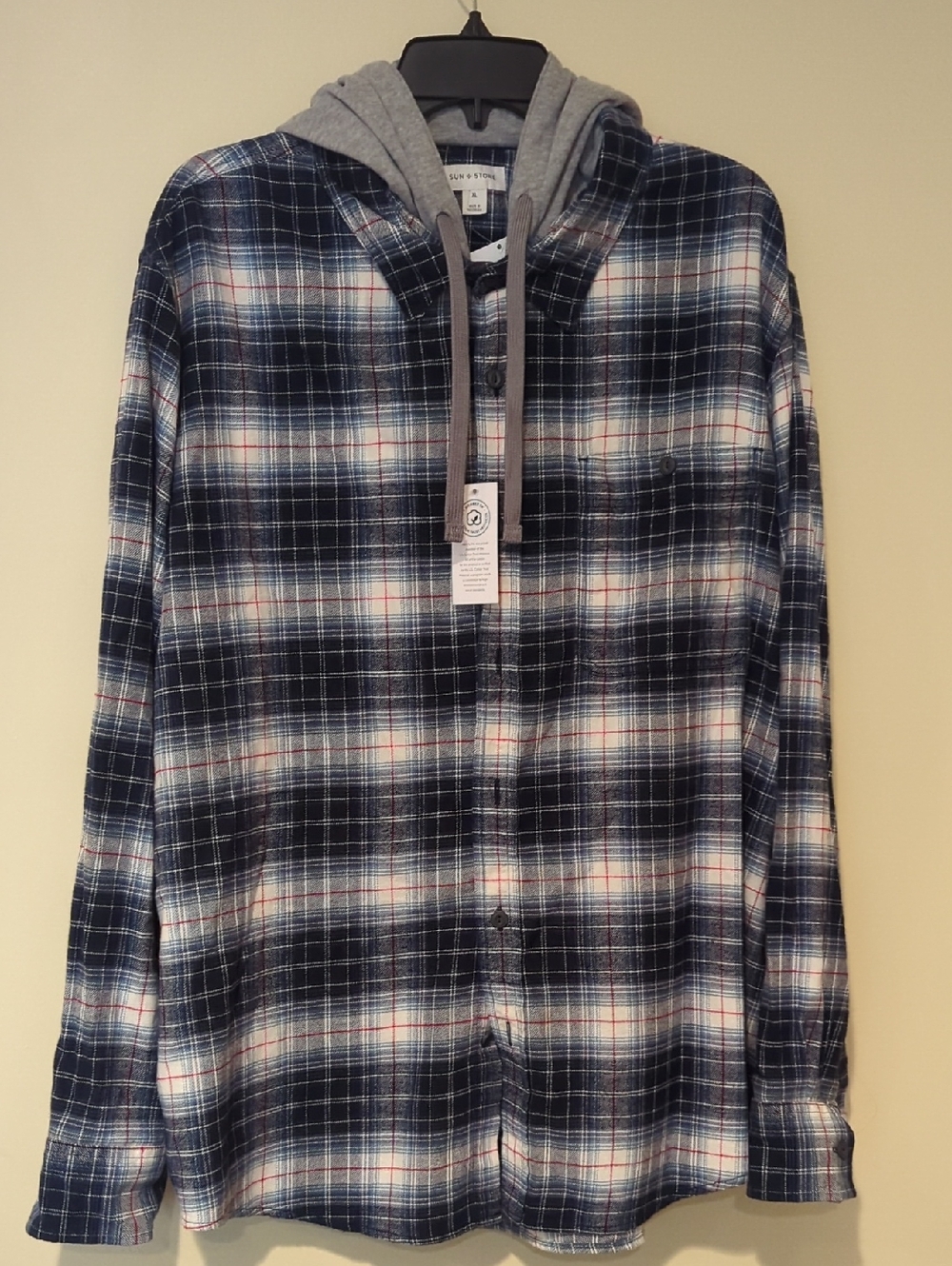 Sun + Stone Navy Blue and White Plaid Hooded Button-Down Shirt